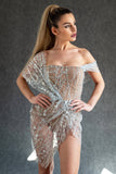 goosudu Off Shoulder Sequin Sheer Mini Dress - Silver