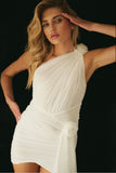 goosudu Drape One Shoulder Mesh Mini Dress - White