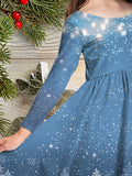 Girls' Festive Christmas Snowflake & Tree Long Sleeve Dress - Casual Fashion for Holiday Parties, Machine Washable