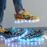 Boys Color Block LED Sneakers with Hook & Loop - USB Charging, Chunky Luminescent Soles, Trendy Retro Style, Ultra Comfortable