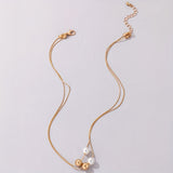 Personality Geometric Alloy Fine Chain Faux Pearl Beads Pendant Ladies Double Layer Necklace Clavicle Chain