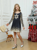 1pc Girls' Elegant Long Sleeve Christmas Dress, Casual Style with Snowflake Print, Knitted Polyester Fabric, Regular Fit for Kids, Spring/Summer/Autumn Collection