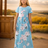 Girls Elegant Flowy Flower Print Dress - Stylish & Comfortable for Summer Holidays - Long, Loose & Short Sleeve