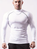Mens High-Performance Color Block Compression Shirt - Moisture-Wicking, Ergonomic Fit for Hiking, Jogging, Cycling - Fashionable Long Sleeve Turtle Neck Athletic Shirt for Outdoor Fitness & All-Weather Workouts