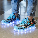 Boys Color Block LED Sneakers with Hook & Loop - USB Charging, Chunky Luminescent Soles, Trendy Retro Style, Ultra Comfortable