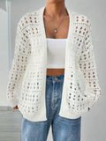 Plus Size Solid Color Hollow Out Knitted Cardigan, Casual Open Front Long Sleeve Cardigan, Women's Plus Size Clothing