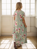 Girls Elegant Flowy Flower Print Dress - Stylish & Comfortable for Summer Holidays - Long, Loose & Short Sleeve