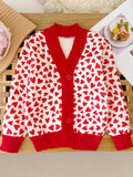 Allover Hearts Pattern Knit Cardigan For Girls, Comfy Casual Long Sleeve Knitted Outerwear Autumn/ Spring Clothes, 1pc