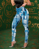 Goosudu Sexy Casual Print Hollowed Out Frenulum O Neck Skinny Jumpsuits