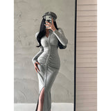 goosudu Sara Solid Color V-Neck Long Sleeve Front Split Button Up Long Dress