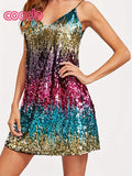 Vibrant Sequined Color Block Cami Dress - Sleeveless V-Neck Mini Party Dress with Cross Back Detail - Polyester Knit Fabric, No Elasticity, Solid Color, Sexy and Chic for Womens Night Out