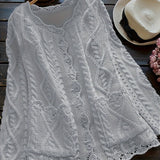 Plus Size Solid Cable Knit Button Front Cardigan, Elegant Scallop Hem Pocket Long Sleeve Knitted Cardigan, Women's Plus Size Clothing