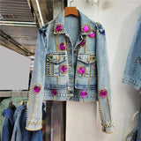 Women's Jackets Spring Women Fashion Rivet Diamonds Short Denim Jacket Loose Streetwear Casual Lapel Long Sleeve Jeans Coat Female