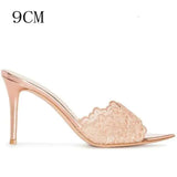 New High-Heeled Women's Stiletto Party Slippers Sexy Comfortable Champagne Gold Embroidered Slides Kq8