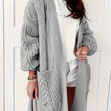 Cozy Plus Size Knit Cardigan - Comfy Cable Pattern with Pockets, Long Sleeve, Open Front - Ideal for Everyday Wear