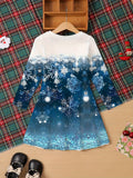 Kids' Festive Snowflake Print Long Sleeve Dress, Casual Christmas Applique Tunic, Polyester Knit Knee High with Slight Stretch, Holiday Party Knee-Length Dress for Ages 3-12