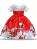 Christmas Themed Princess Dress for Girls - Party Style Red Bowknot Christmas Dress with Santa and Snowman Print, All-Season Woven Poly Cotton Dress, Regular Fit, Non-Stretch, for Children'S Holiday Parties