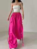 goosudu Loa Solid Color Hot Pink Multi-Pocket Tassel High Waist Straight Leg Cargo Parachute Pants