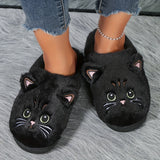 Cute Cartoon Cat Fuzzy Slippers, Creative Closed Toe Soft Sole Plush Flat Shoes, Winter Warm Home Slippers