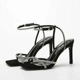 Ladies Heels Fairy Square Sier Rhinestones With Fine Ribbon One-Line High Heel Summer Sandals Kq8