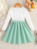 Elegant Floral Princess Dress for Girls - Chic Ruffled Design with Belt, Long Sleeves, All-Season Polyester Wear