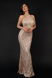 goosudu Sequin Halterneck Maxi Mermaid Prom Dress - Champagne