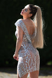 goosudu Sparkle See Through Sheer Sequin Dress - Silver