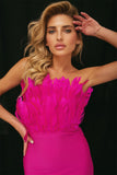 goosudu Feather Strapless Midi Bandage Dress - Hot Pink