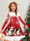 Adorable Snowman 3D Print Long Sleeve Dress for Girls - Perfect for Holiday season, Cozy & Stretchy Polyester Blend, Machine Washable - Fall/Winter Collection