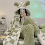 Cozy Plaid Bear Hooded Robe - Soft Flannel Wearable Blanket with Long Sleeves, Perfect for Fall & Winter | Machine Washable