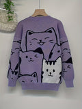 Charming Cat Jacquard Knit - Harajuku Loose Fit Long Sleeve Pullover Jumper - Cozy Trendsetter for Girls Autumn & Winter Wardrobe