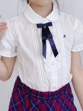 Chic Girls' Summer Blouse - Pure Cotton, Short Sleeve, Preppy Turn-Down Collar, Korean Style School Shirt with Navy Bow Tie Detail, Breathable, Comfortable, and Classic Design for School or Casual Wear