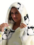 Cozy Plus Size Panda Pattern Fluffy Fleece Hooded Wearable TV Blanket Robe - Women's Plus Flannel Loungewear with Pockets for Ultimate Relaxation and Comfort