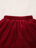 2-Piece Velvet Set, Solid Red Hooded Long Sleeve Top & Elastic Waist Skirt, Girls Christmas Party Outfit