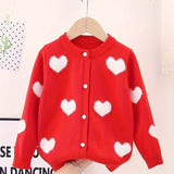 Adorable Girls Heart Pattern Knit Cardigan - Soft Long Sleeve Crew Neck Sweater Jacket with Cute Button Detail - Perfectly Short for a Chic, Elegant Style