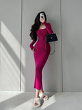 goosudu Ella Solid Color U-Neck Long Sleeve Slim Long Dress