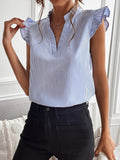 Chic Striped V-Neck Ruffle Sleeve Blouse - Elegant & Versatile Womens Casual Wear for All Seasons