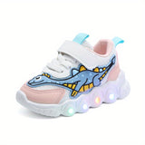 Dinosaur Pattern Mesh Luminous Sole Chunky Shoes Trendy Retro Comfy Breathable Sneakers For Boys