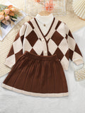 2PCS Elegant Argyle Pattern Long Sleeve Cardigan + Pleated Skirt Set for Girls - Soft Medium Stretch Acrylic Fabric, V-Neck, Regular Fit, Color Block Details - Perfect for Spring and Fall Season Gift