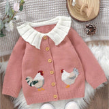 6M-3T Adorable Rooster Embroidery Toddler Baby Girl Sweater Cardigan - Soft Long Sleeve Button Down Top with Doll Collar for Fall Winter - Perfect for Casual Daily Wear and Special Occasions