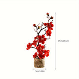 Boho Style Artificial Plum Blossom Swag Set with Woven Vase - Plastic Fake Flower Branches for Simplistic Home Decor - Ideal for Easter, Hanukkah, Thanksgiving - Perfect Mother's Day Gift (1 Set)