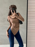 goosudu Drue Solid Color String U-Neck Long Sleeve Slim Top