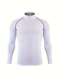 Mens High-Performance Color Block Compression Shirt - Moisture-Wicking, Ergonomic Fit for Hiking, Jogging, Cycling - Fashionable Long Sleeve Turtle Neck Athletic Shirt for Outdoor Fitness & All-Weather Workouts
