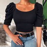 Goosudu Camouflage Patchwork Chic Puff Sleeve Blouse