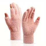 Open Fingers Plush Gloves Solid Color Plus Velvet Thickened Warm Gloves Convenient Touch Screen Gloves Women's Winter Coldproof Writing Gloves