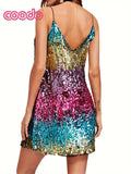 Vibrant Sequined Color Block Cami Dress - Sleeveless V-Neck Mini Party Dress with Cross Back Detail - Polyester Knit Fabric, No Elasticity, Solid Color, Sexy and Chic for Womens Night Out