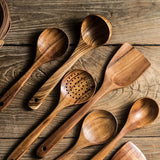 5pcs Wooden Kitchen Utensils Set, Wooden Spoons Natural Spurtle Set For Non-stick Pan, Kitchen Ladle And Wok Spatulas, Kitchen Stuff