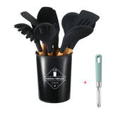 1Set Kitchen Utensil Set, Silicone Cookware Set, 12 Pieces Silicone Kitchen Utensil Set, Wooden Cooking Utensils, Kitchen Gadgets, Silicone Cutlery Set, Kitchen Tools With Storage Bucket