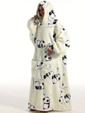 Cozy Plus Size Panda Pattern Fluffy Fleece Hooded Wearable TV Blanket Robe - Women's Plus Flannel Loungewear with Pockets for Ultimate Relaxation and Comfort