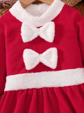 Cute Girls Holiday Style Santa Dress + Plush Christmas Hat, Suitable For Fall/ Winter Daily & Outdoor Wear, Christmas Party Outfit, Perfect Gift